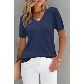 Arach&Cloz Sweater for Women 2025 Summer Fall Fashion Clothes V Neck Short Sleeve Summer Cute Tops Dressy Business Casual Trendy Teacher Outfits Cashmere Shirts Navy