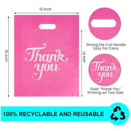 100 Pcs Pink 12x15" Thank You Bags, Shopping Bags for Goodie, Boutique, Retail, Party Gifts, Clothes, Reusable Plastic Bag with handles (Pink)