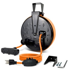 GREATIDE 30 Ft Retractable Extension Cord Reel, 16/3 SJTW Power Cord with 3 Electrical Outlets and 10 Amp Circuit Breaker, Ceiling or Wall Mount, Metal Plate, UL Listed, Orange