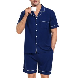 SWOMOG Mens Pajama Set Short Sleeve 2 PCS Sleepwear Button Down Soft Loungewear Modal Set Pj Set with Pockets S-3XL Navy Blue Large