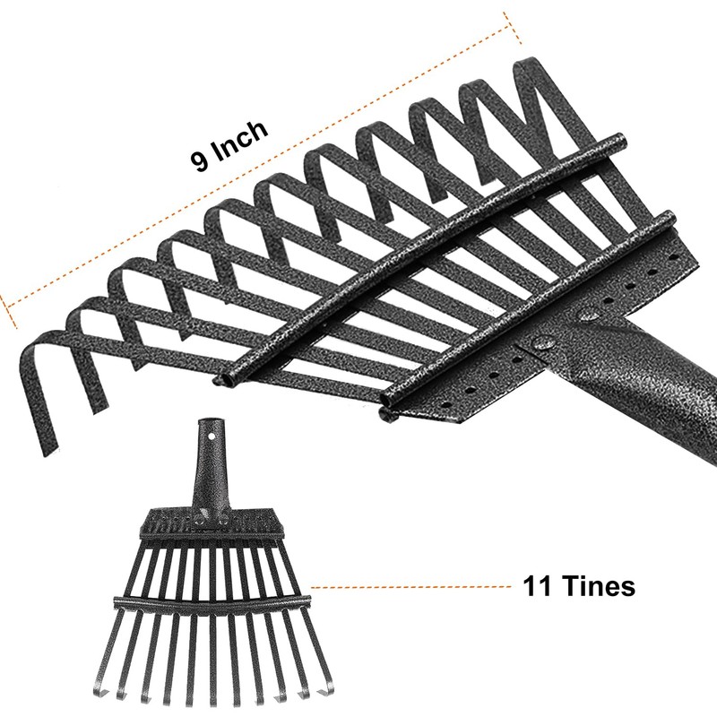 Small Leaf Rake with 11 Metal Tines, 33-68 Inch Rake