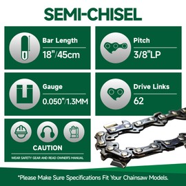 4 Pack 18 Inch Chainsaw Chain 3/8" LP Pitch .050" Gauge 62 Drive Links Low Kickback Saw Chains Compatible with Husqvarna Echo Kobalt Poulan Ego Craftsman Greenworks and More and More S62