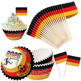 Set of 200 Muffin Cases & Toothpick Flags Germany - 100 Cupcake Paper Baking Cases + 100 Party Picks Flags, World Cup 2026 Football Decoration for Baking, Finger Food, Cheese & Birthday