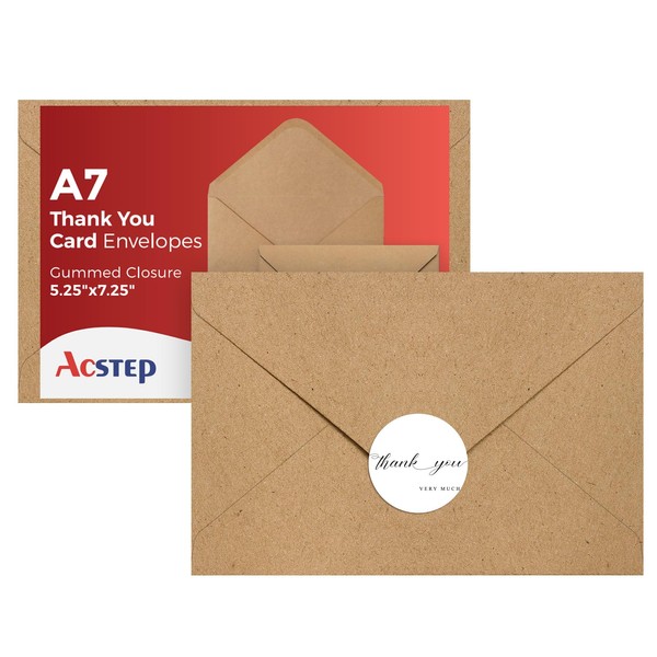 ACSTEP 100PACK Kraft 5X7 Envelopes,Brown A7 Envelopes Self Seal for Weddings, Invitations, Photos, Postcards, Greeting Cards Mailing,Baby Shower, Graduation With Thank You Stickers