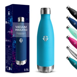 Water Bottle, 500 ml, BPA-Free, Stainless Steel, 18/8 Stainless Steel, Thermos Flask, Double-Walled Vacuum Insulated, Water Bottle Leak-Proof for School, Travel, Jogging, Camping - Sky Blue