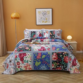 Cotton Bedspread Quilt Sets 3-Piece Reversible Bedding Coverlet Sets Comforters Vintage Luxury Gorgeous Floral Real Patchwork Bedspread,Queen Size Blue