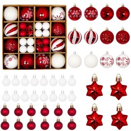 MHwan Christmas Baubles, 44pcs Beautifully Painted Baubles Christmas Tree Decorations, Shatterproof and Durable, Sparkling Christmas Decorations Tree, 6cm and 3cm Red and White Christmas Decorations