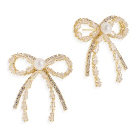 Frigotine Dainty Rhinestone Pearl Bow Stud Earrings for Woman,Statement Fashion 14K Gold Cubic Zirconia Earing Bridal Wedding Prom Jewelry Gift