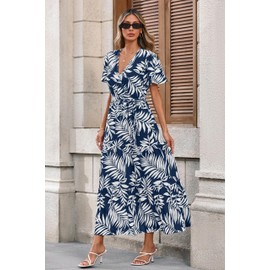 MASCOMODA Womens Summer Boho Maxi Dress Floral Wrap V Neck Flutter Short Sleeve Tie Waist A Line Tiered Flowy Long Dresses(Navy White Flower,X-Large)