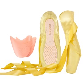 CABPLROI Women's Ballerina Shoes Professional Ballet Dance Satin Pointe Shoes for Girls with Bag and Toe Pads (Gold, Adult, Numeric_9)