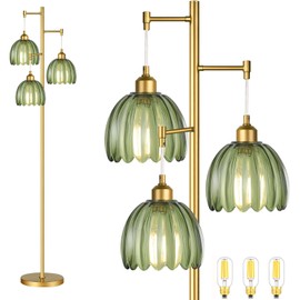 QIYIZM Gold Floor Lamp for Living Room,Bedroom,Mid Century Modern Standing Lamp Brass Tree 3 Light Tall Floor Lamps Vintage Retro Floor Lights Glass Green Flower Lamp Shade Farmhouse Boho Bohemian