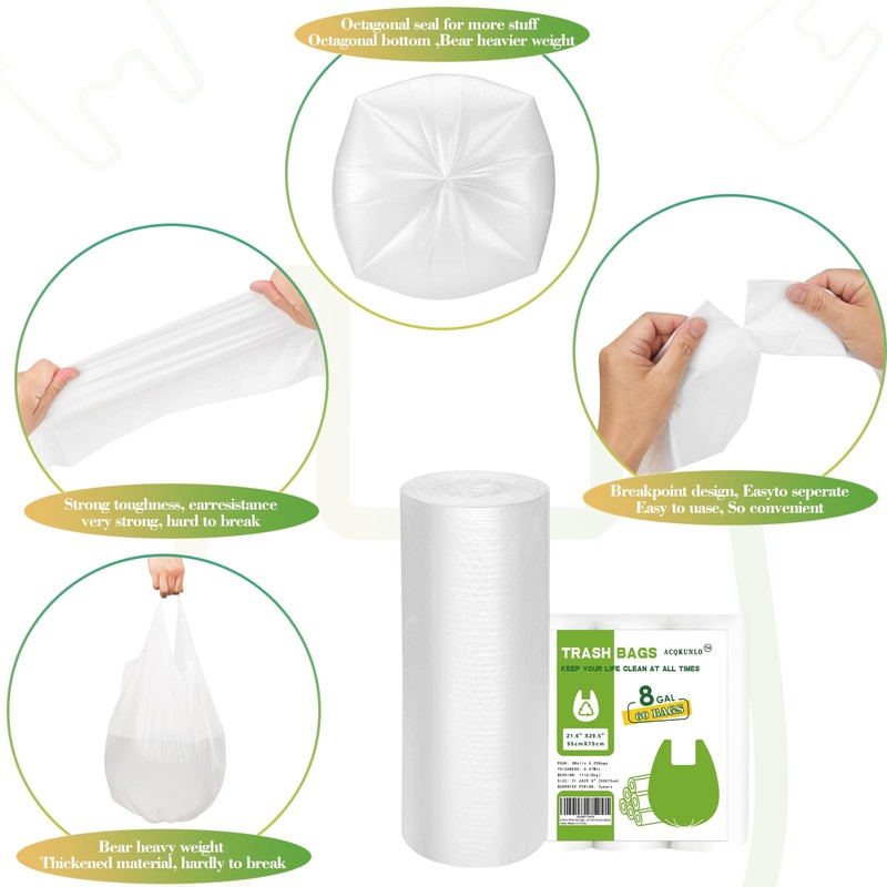 8 Gallon White-Trash-Bags Unscented Tall Kitchen - Large Plastic Garbage