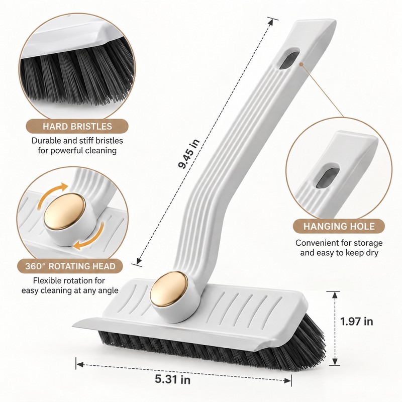 360° Rotating Grout Cleaning Brush with Scraper – Hard Bristle