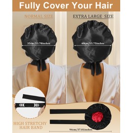 CHLINS Extra Large Satin Bonnet Double Layer Sleep Hair Bonnet with Elastic Tie Band(Black+Red)