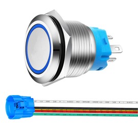Gebildet 0.87 Inch/22mm Stainless Steel Momentary Push Button 12V-24V LED 1NO1NC SPDT ON Off Waterproof Button with Wire Socket Plug (Blue LED)