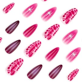 Uñas postizas cortas de acrílico rosa fucsia con estampado de cocodrilo, forma almendrada, cobertura completa, para mujer, brillantes, reutilizables, 