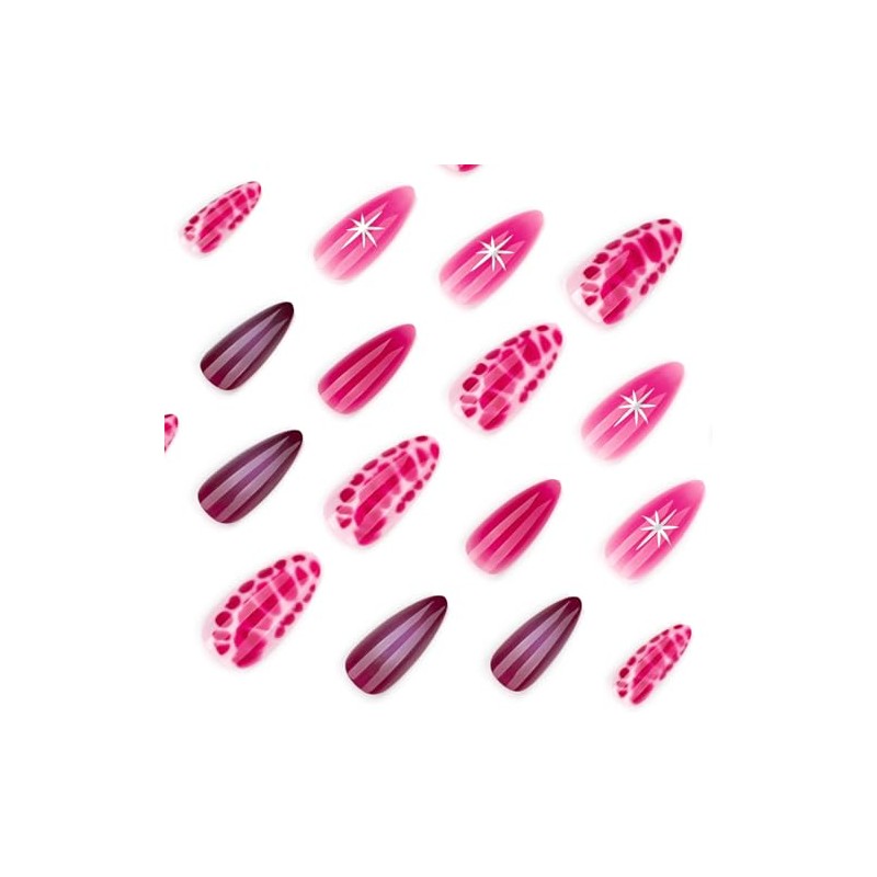 Uñas postizas cortas de acrílico rosa fucsia con estampado de