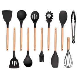 ZEDEAH 11-Piece Silicone Kitchen Utensils Set with Non Toxic Spatula, Tongs, Whisk, Turner & Ladle – Heat Resistant, Non-Scratch Cooking Tools with Wooden Handles, BPA-Free, Dishwasher Safe (Black)