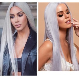 Greenmirr Silver Grey Lace Front Wig Women Hand Tied Long Straight Synthetic Fibre Heat Resistant Hair 24 Inches