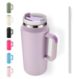 PlanetFlame 64oz Insulated Tumbler with Handle, Stainless Steel Double Wall Vacuumn Water Bottle, Lid and Straw for School, Gym, Hiking & Camping, Purple