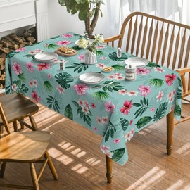 Horaldaily Summer Tablecloth 60×104 Inch Rectangular, Tropical Flowers Monstera Green Washable Seasonal Table Cover for Party Picnic Dinner Decor