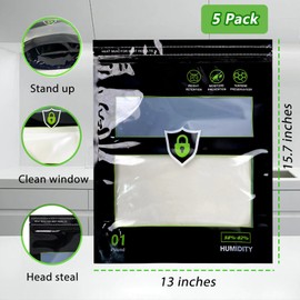 Samvitral 5 Pcs 1LB Storage Terp Bags 58%-62% RH 2-Way Humidity Control Bags for Curing & Storage, Resealable Zipper, 16 oz (approx. 0.26 L), 5 Sets, Plastic, Food & Sports