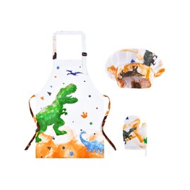 WERNNSAI Dinosaur Apron Set - Waterproof Chef Artist Cooking Aprons for Kids Boys Kitchen Bib with Adjustable Strap Pocket Chef Hat and Mittens for Baking Painting Party (Extra Small, 2-5 Years)