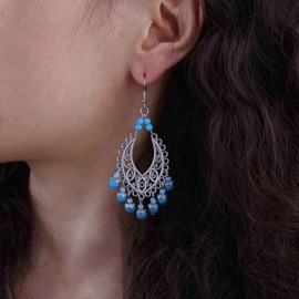 Aneneiceera Vintage Oval Turquoise Earrings Silver Turquoise Drop Earrings Blue Pearl Fringe Earrings Tribal Blue Gemstone Earrings Jewellery for Women (Blue A), Zinc