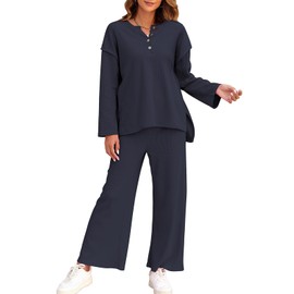 FANCYINN - Conjunto deportivo de 2 piezas para mujer, con botones, parte superior suelta y pantalones de pierna ancha, A- azul oscuro, M