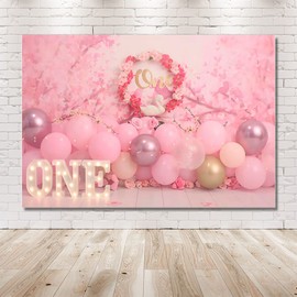 MEHOFOND 2,1x1,5 m Mädchen 1st Geburtstag Fotografie Hintergrund Rosa Blumen Ballons Kids Party Banner Dekoration Supplies Retro Neugeborene Portrait Foto Hintergrund Happy Birthday Fotoshooting