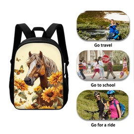 JEOCODY Horse School Bags for Girl Boys Sunflower Kids School Backpack with Lunch Bag for Teens with Pencil Case Casual Bookbags 3 In 1 Set for Elementary Middle High School Students