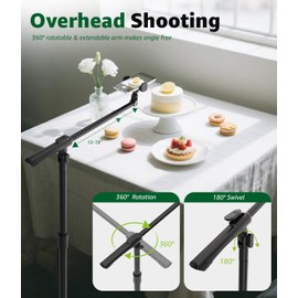 Arsoer Phone Floor Stand, Overhead Phone Mount with Extendable Horizontal Arm & Remote, 360° Rotatable Extension Arm, Adjustable Tripod Stand for iPhone17, Video Recording, Photography, Live Streaming