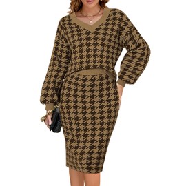Pink Queen Women's 2 Piece Outfit Dressy Long Sleeve Top Bodycon Skirt Sets Knit Houndstooth Midi Sweater Dress Brown M