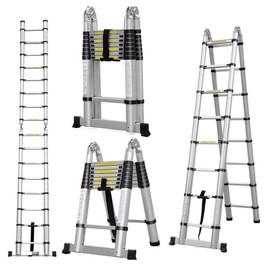 ZhanGe 16.5ft Ceiling Heights Telescoping Attic or Loft Ladder,Aluminum Telexcopice Telescoping A Frame Ladder Extension Ladders 16.5 Feet Compact Ladder Folding Ladder 330 Pounds Capacity