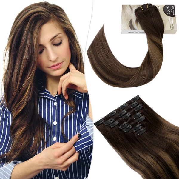 SEGO Clip-in Real Hair Extensions, 7-piece set, 120 g, Ombre Hair Extensions, 100% Human, Straight, 16 inches / 40 cm, 120 g, Balayage Dark Brown to Light Brown #2/2/6