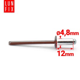 LUN FIX Blind Rivets 4.8 x 12 mm Pack of 100 DIN 7337, Aluminium Pop Rivets with Steel Mandrel, Aluminium 4.8 mm Dome Head Open End, Rivet Set, for Rivet Pliers, Hollow Rivets Alternative, Riveting