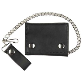 Motorcycle Men's Large Tri-Fold Biker Chain Wallet, Genuine Black Leather TC315