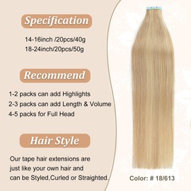 Tape in Hair Extensions Human Hair Ash Blonde Highlighted 613 Blonde Remy Human Hair Extensions #18p613 Straight Seamless Invisible Hair Extensions 50g 20pcs/pack (18Inch)