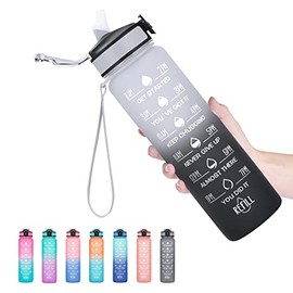 HYETA 32 oz Water Bottles with Times to Drink and Straw, Motivational Water Bottle with Time Marker, Leakproof & BPA Free, Drinking Sports Water Bottle for Fitness, Gym & Outdoor, Gray-Black