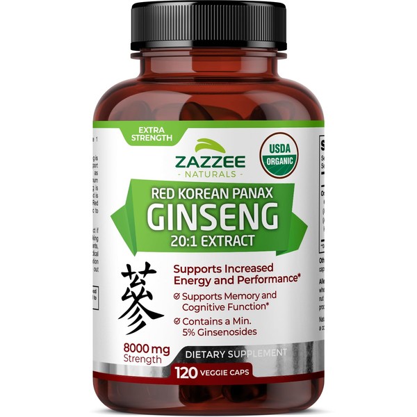 Zazzee USDA Organic Red Korean Panax Ginseng 20:1 Extract, 8000 mg Strength, 5% Ginsenosides, 120 Vegan Capsules, Standardized and Concentrated 20X Root Extract, 100% Vegetarian, All-Natural, Non-GMO
