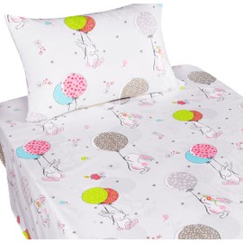 J-pinno Cute Cartoon Rabbit Bunny 100% Cotton 3 Pieces Twin Sheet Set for Kids Girls Children Flat Sheet + Fitted Sheet + Pillowcase Bedding Decoration Gift Set