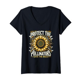 Womens Protect Pollinators Sunflower Bee Butterfly Insect Lover V-Neck T-Shirt