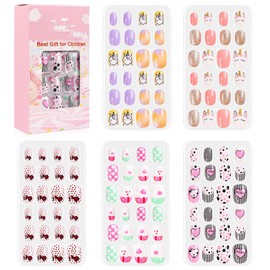 MKUCCD 120 Pieces Kids Press on Nails for Girls Fake Nails Emboss Artificial Nail Tips Pre Glue Short Stick on Nails for Kids Nails Decoration Sleepovers Kids Valentine Day Gifts (NT30-4, NT30-4)