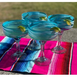 Dos Sueños Mexican Hand Blown Glass – Set of 4 Hand Blown Margarita Glasses Aqua Swirl (16 oz)