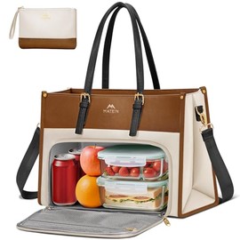 MATEIN Laptop Tote Bag with Insulated Lunch Compartment for Women, PU Leather 2 in1 Work Briefcase with Clutch Fits 15.6 Inch Laptop, Convertible Professional Shoulder Bag for Office Business, 2 Sets