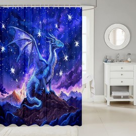 Cortina de ducha de dragón, cortina de baño de galaxia azul morado, cortinas de ducha del espacio exterior para decoración de baño, cortina impermeable de cielo estrellado, cortina de baño de dragón
