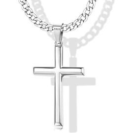 HAIAISO 925 Sterling Silver Cross Pendant Necklace for Men Women 5mm Stainless Steel Diamond-Cut Curb Chain Crucifix Necklace 18K White Gold Plated Polished Cross Necklace 22 Inches