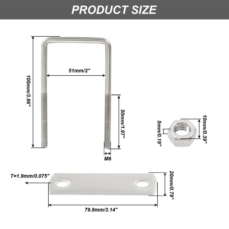 LifCratms 4 Sets 304 Stainless Steel Square U-Bolts, M6 x