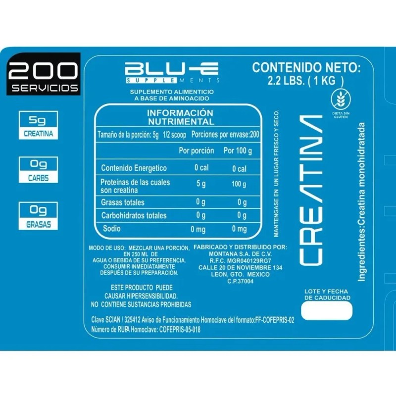 Creatina Blu-e Monohidratada 1k 200 Servicios Varios Full