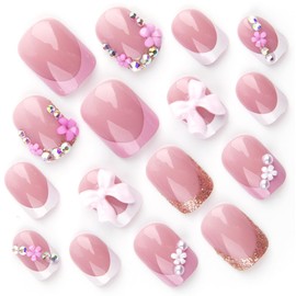 24Pcs 3D Bow Press on Nails Short French Tip Fake Nails with Flower Pearl Rhinestones Design Cute Glitter False Nails Full Cover Glue on Nails Nude Stick on Nails for Women Manicure Decorations Tips